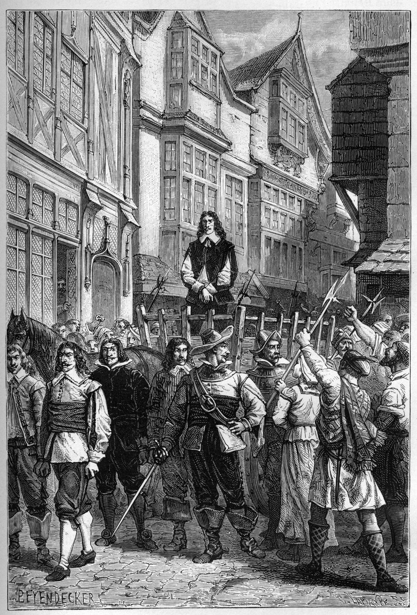 Montrose wurde auf einem Wagen ins Gefängnis gebracht - James Graham (1612-1650), Marquis von Montrose, schottischer General, ausgestellt in der High Street von Edinburgh, 1650 - Gravur aus „L