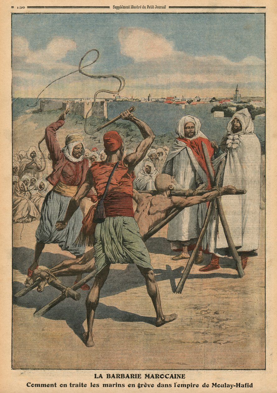 Marokkanische Barbarei, wie die streikenden Seeleute behandelt werden, Illustration aus 
