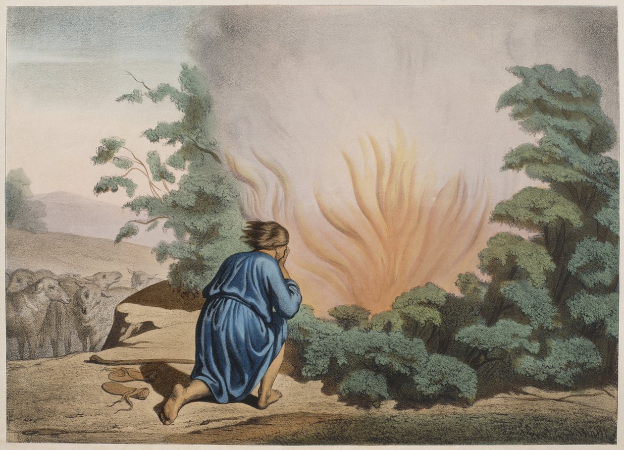Moses und der brennende Dornbusch, Illustration aus einem Katechismus L