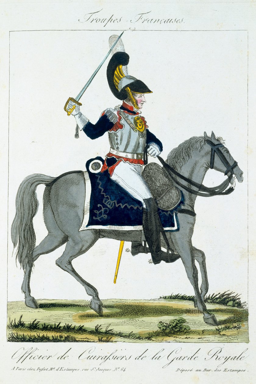 Berittener Offizier der Kürassiere der Königlichen Garde, aus Troupes Francaises, veröffentlicht bei Basset, Paris, um 1790 von French School