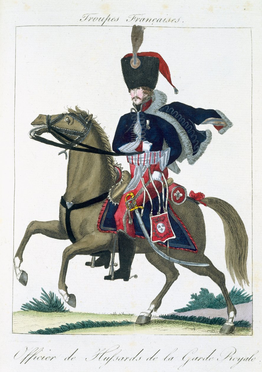Berittener Offizier der Husaren der Königlichen Garde, aus Troupes Francaises, veröffentlicht bei Basset, Paris, um 1790 von French School