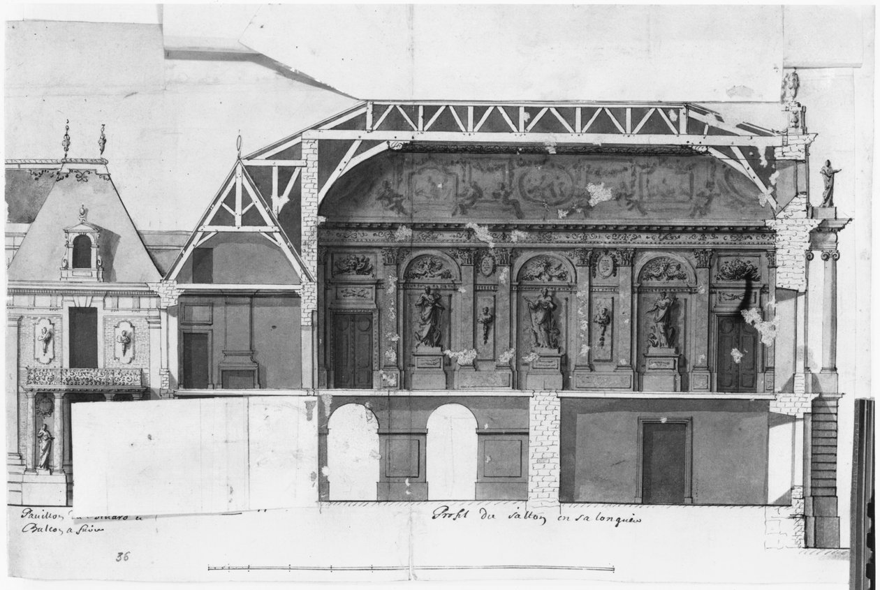 Ms 130736 Süd-Nord-Querschnitt des Grand Salon und der Salle de Diane des Schlosses von Versailles, gebaut von Louis Le Vau (1612-70) von French School