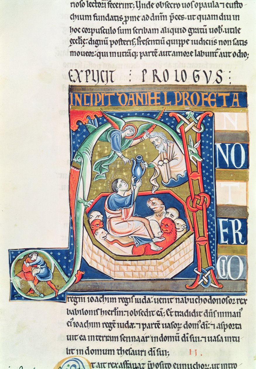 Ms 1 fol.185v Historisierte Initiale A, die Daniel in der Löwengrube darstellt, aus der Souvigny-Bibel von French School