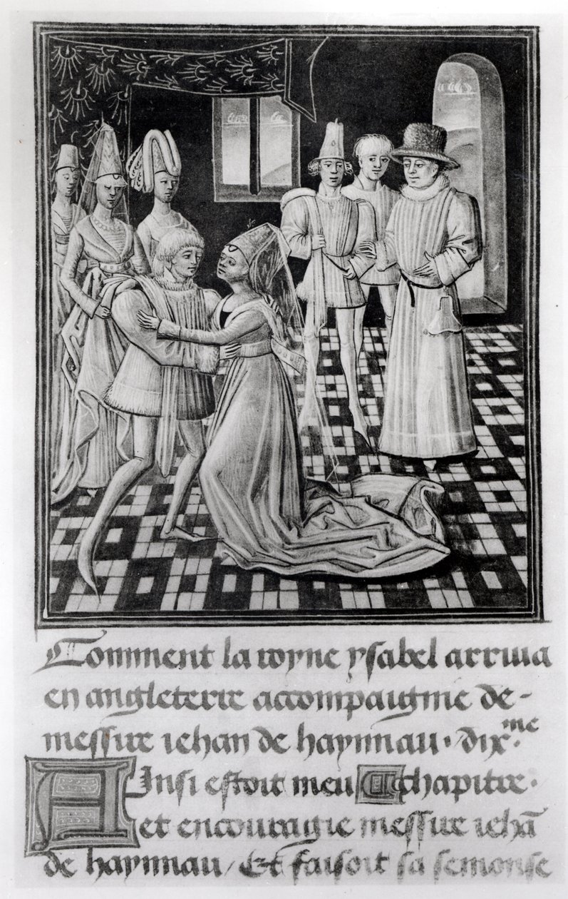 Isabella von Frankreich, Königin von England, verabschiedet sich von Wilhelm I., Graf von Hennegau, aus Froissarts Chronik von French School