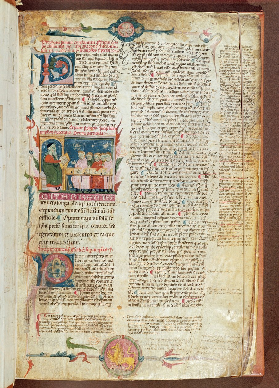 Unterrichtsszene, erste Seite der Aphorismen von Hippokrates mit Kommentaren von Galen von French School