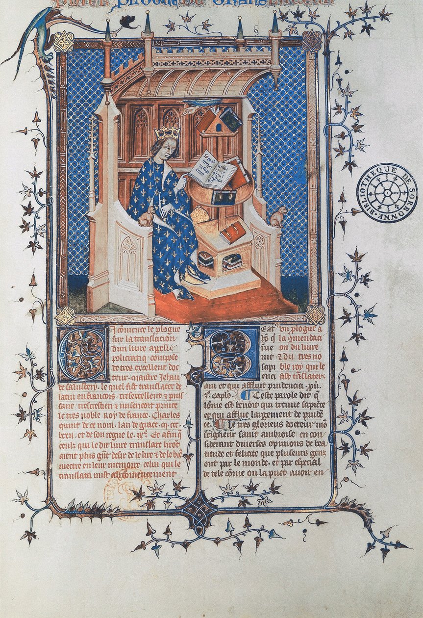 Ms 24287 fol. 2r Karl V., der Weise, König von Frankreich, aus John of Salisbury, Polycraticus, übersetzt von Denis Foulechatis, c.1372 (Pergament) von French School