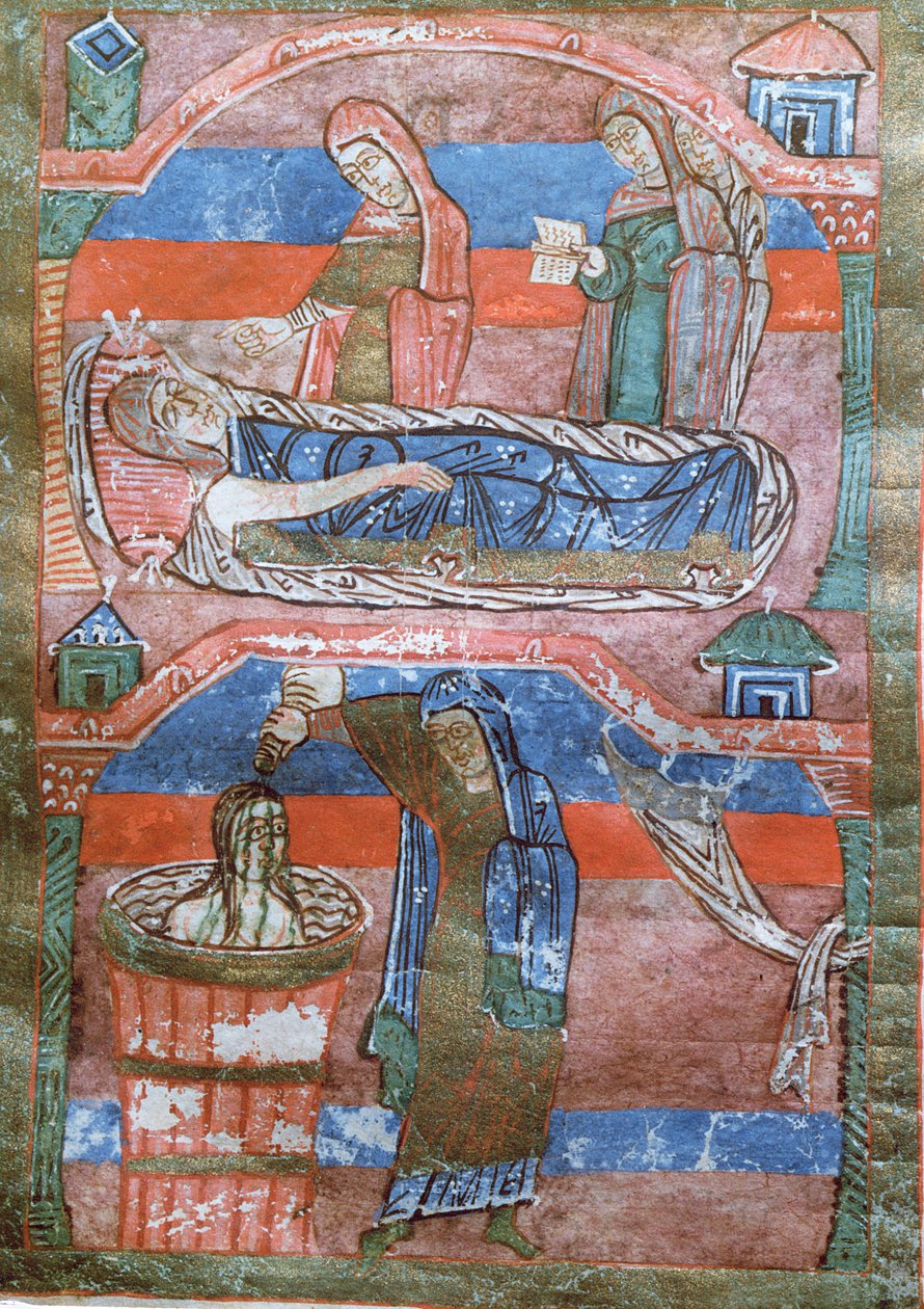 Ms 250 Wassersüchtige Frau geheilt durch die Bäder von St. Radegund, aus Das Leben von St. Radegund von French School
