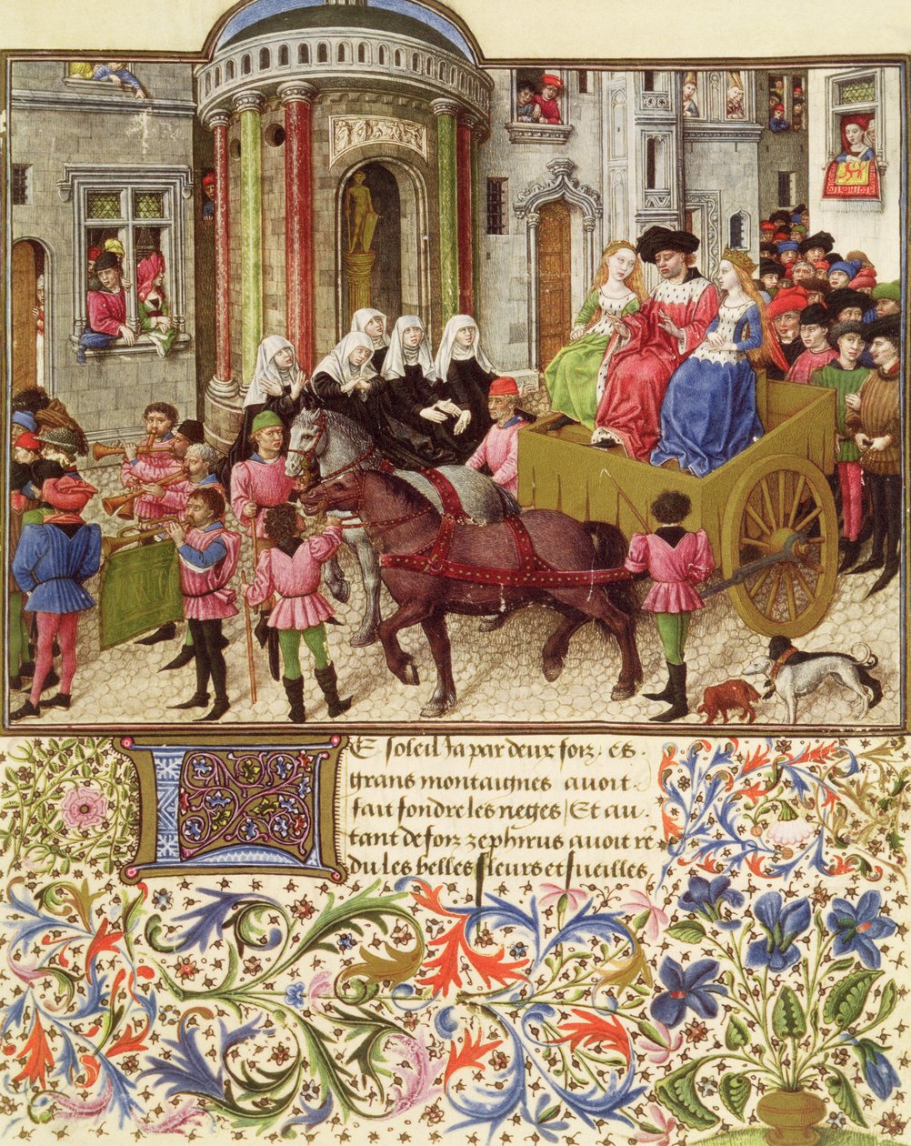 Ms 2617 Theseus macht einen triumphalen Einzug in Athen, aus La Teseida, von Giovanni Boccaccio (1313-75) 1340-41 von French School