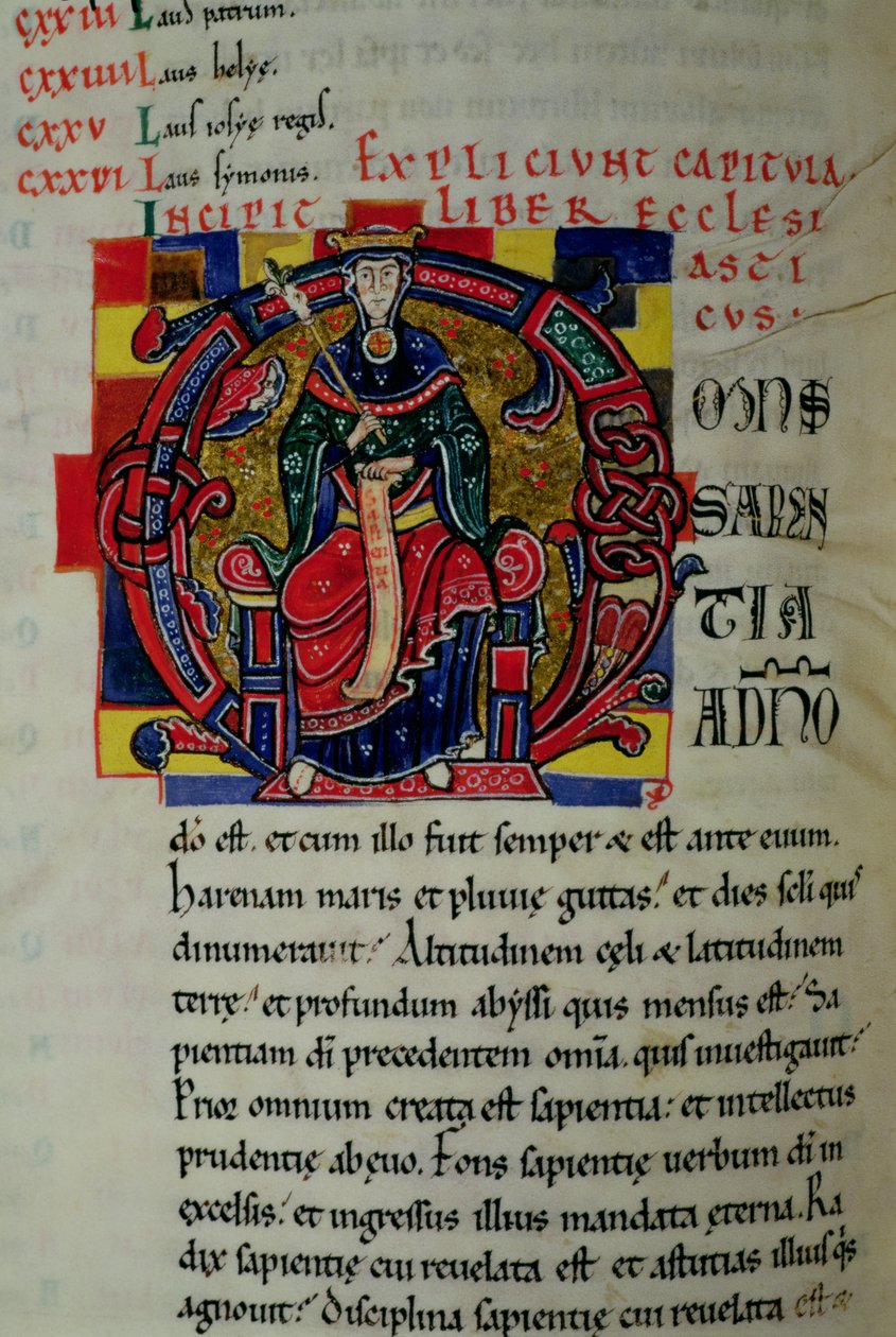 Ms 2 fol.8 Historisierte Initiale O, die eine Figur der Weisheit darstellt, aus der St. Benigne Bibel von French School