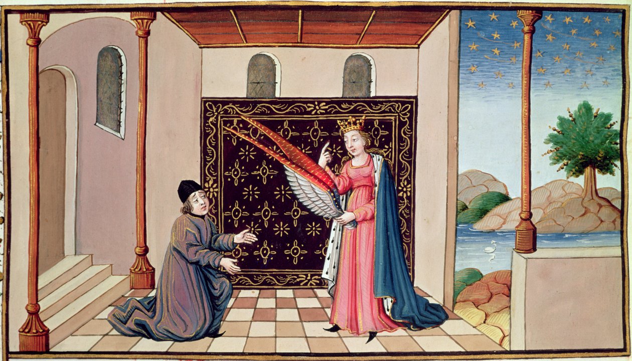 Ms 3045 fol.68v Lady Philosophie bietet Boethius die Flügel an, die es seinem Geist ermöglichen, emporzufliegen von French School