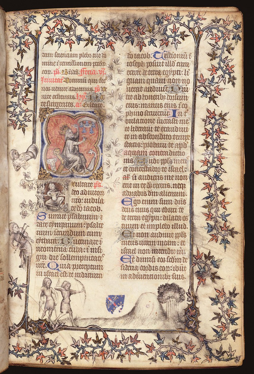 Ms 306 f.27r König David sitzt und schlägt ein Geläut von fünf Glocken, aus einem Brevier, Gebrauch von Paris, 1400 von French School