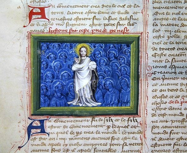 Gott umgeben von Engeln, aus der Bibel des Grands Augustins von French School