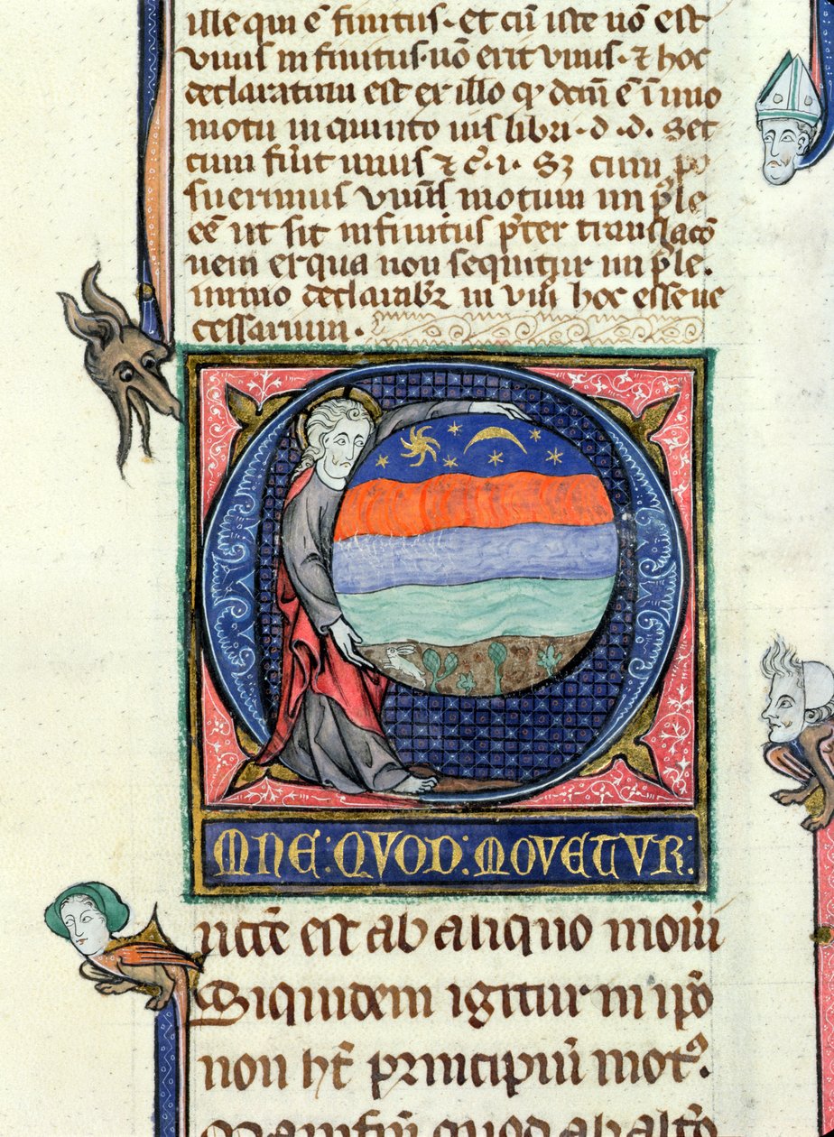 Ms 3469 Christus hält eine Kugel mit den vier Elementen, aus der Physik von Aristoteles (384-322 v. Chr.) (Feder, Tinte & Tempera auf Pergament) von French School