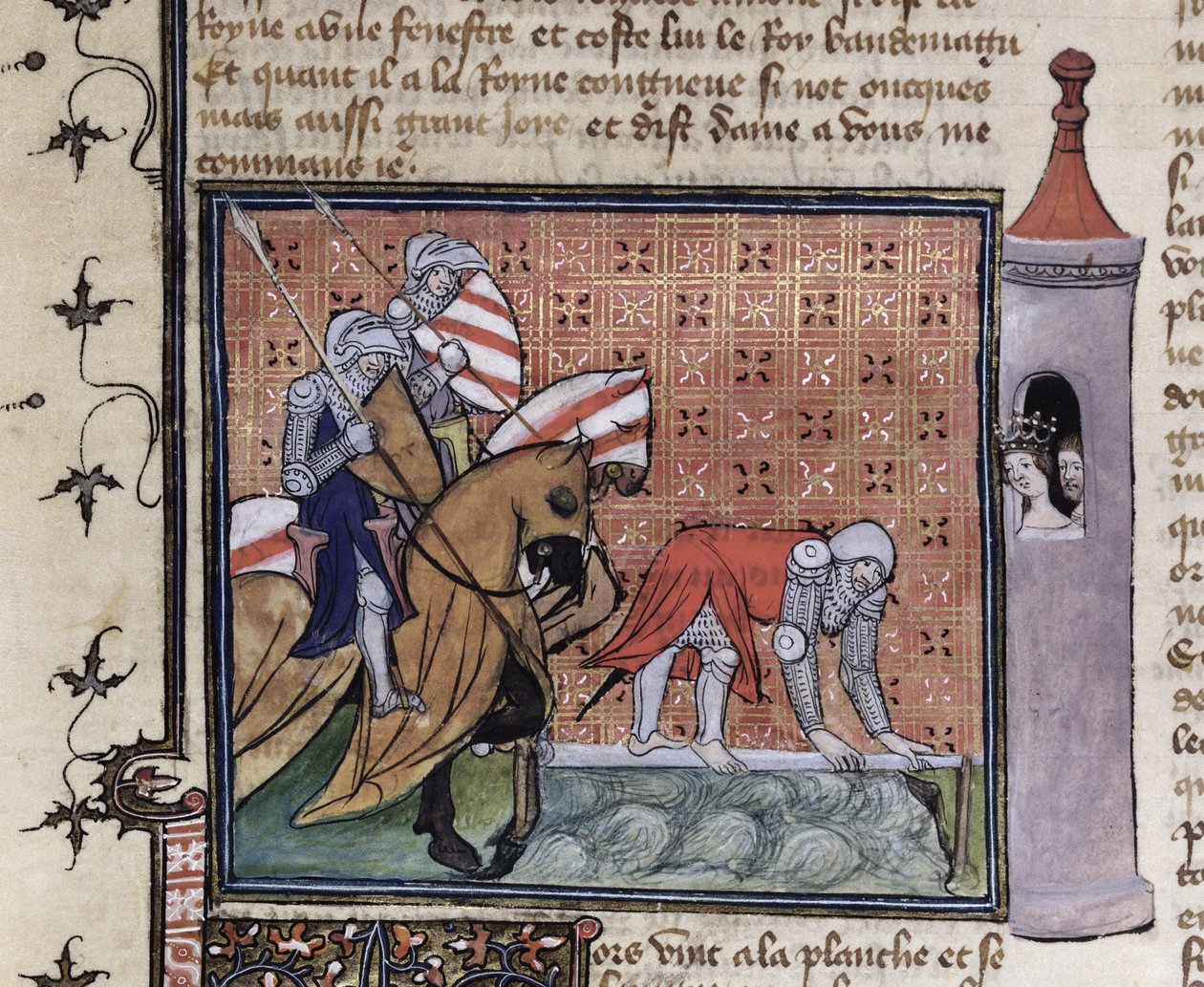 Ms 3480 fol.77 Lancelot überquert die Schwertbrücke, aus dem Livre de Messire Lancelot du Lac von French School