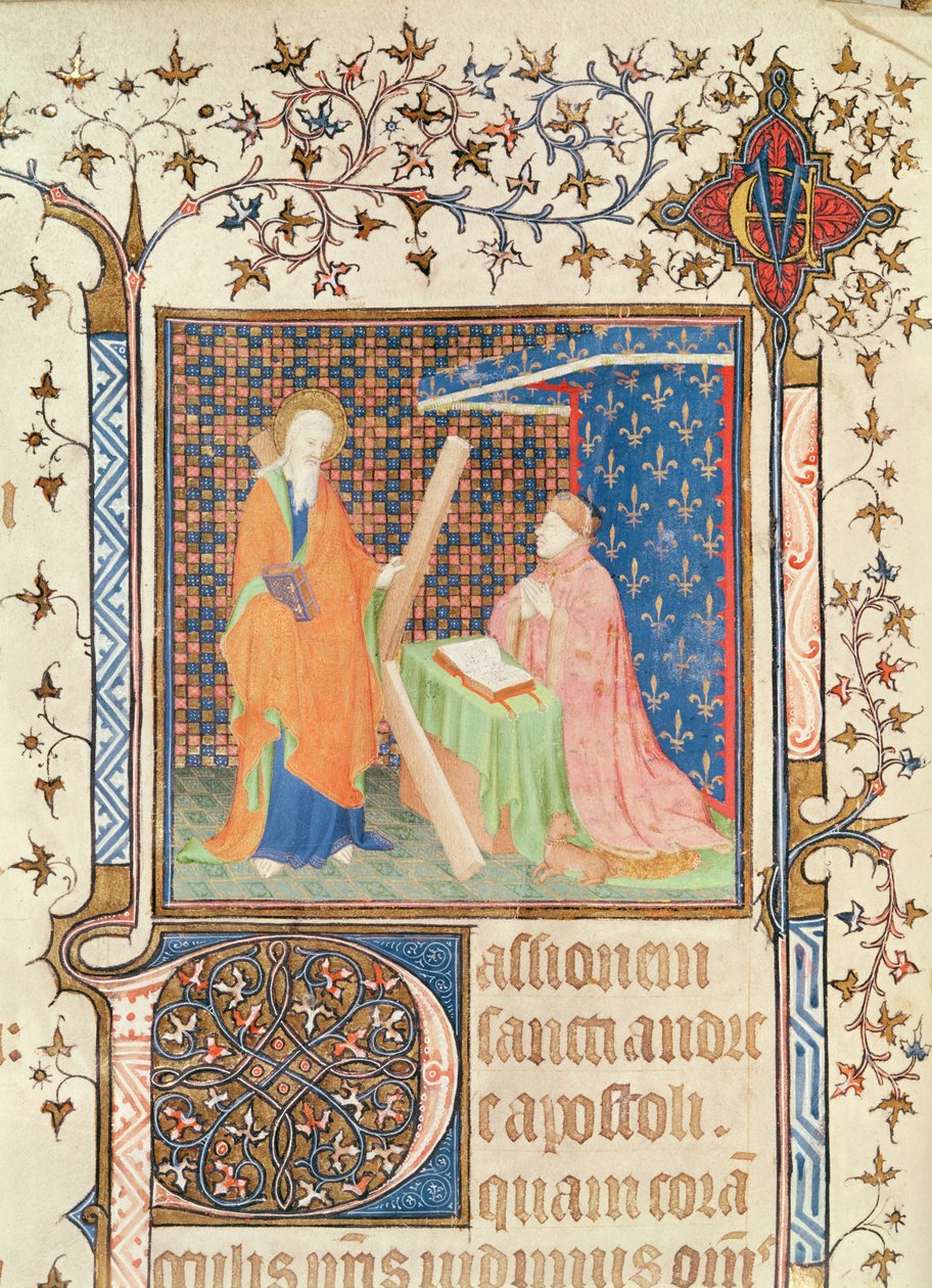 Ms 35 fol.17v Jean de France (1340-1416) Herzog von Berry betet vor St. Andreas, aus dem Lektionar der Sainte-Chapelle de Bourges, ca. 1404-10 von French School