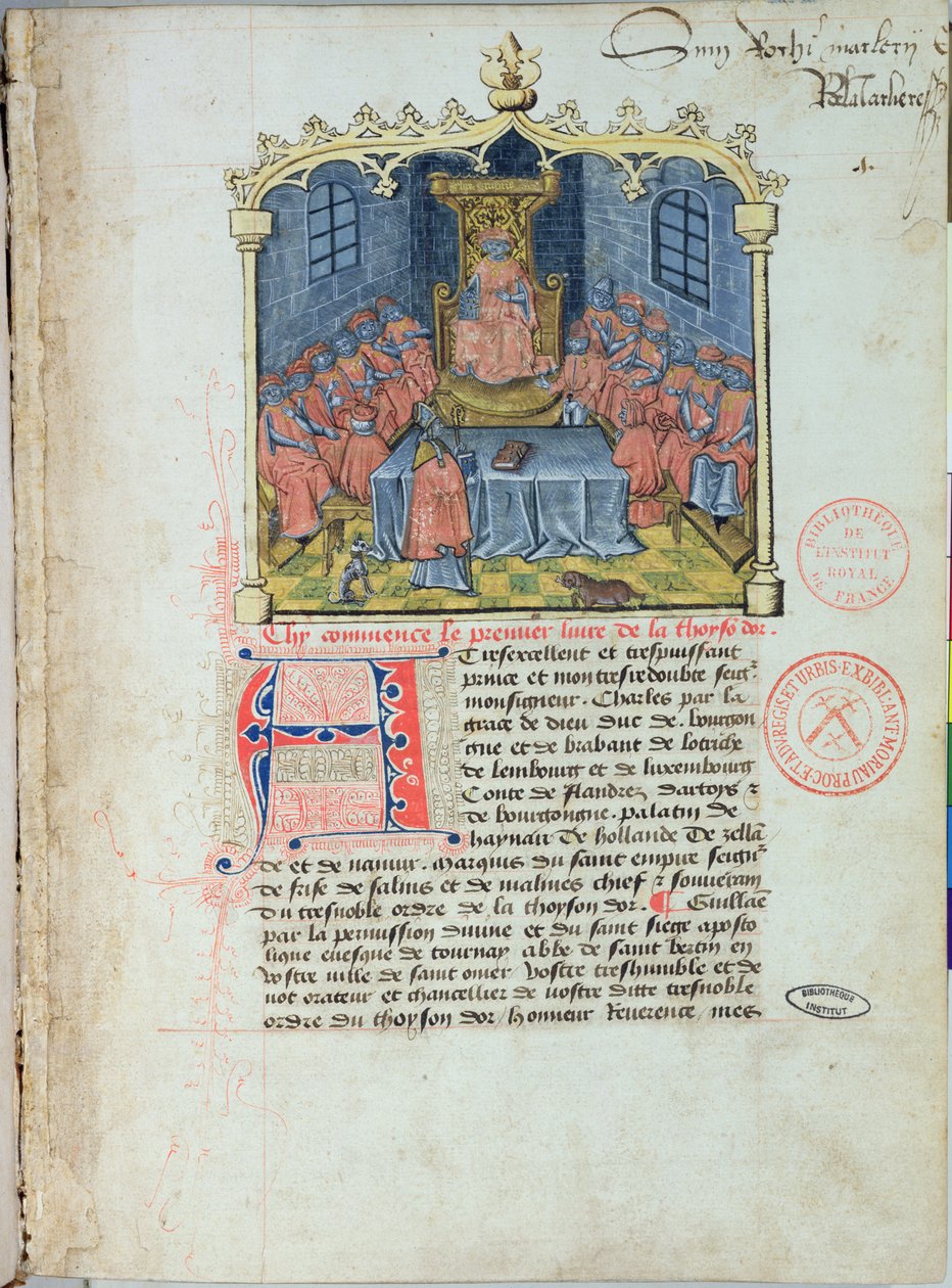 Karl der Kühne (1433-77) Herzog von Burgund und die Ritter des Ordens vom Goldenen Vlies, aus der Geschichte des Goldenen Vlieses von Guillaume Filastre, Mitte 15. Jahrhundert von French School