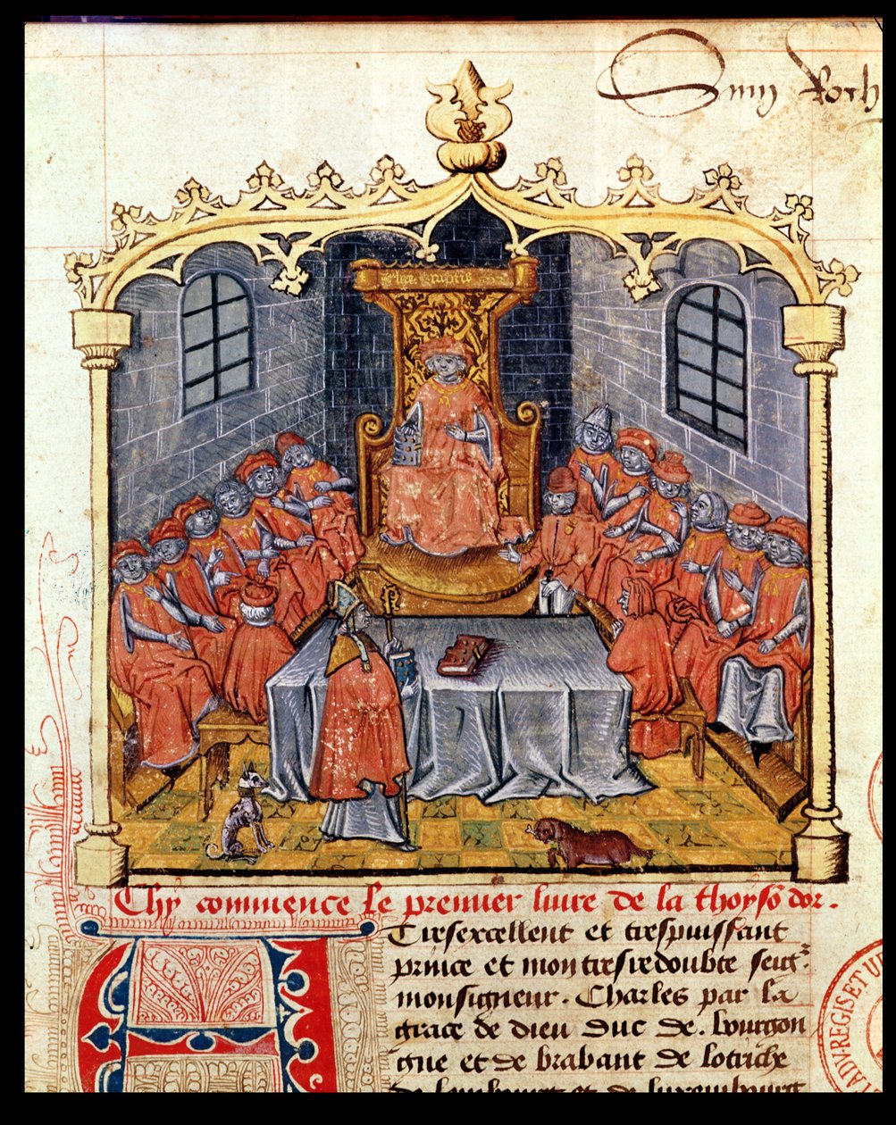 Karl der Kühne (1433-77) Herzog von Burgund und die Ritter des Ordens vom Goldenen Vlies, aus der Geschichte des Goldenen Vlieses von Guillaume Filastre, Mitte 15. Jahrhundert von French School
