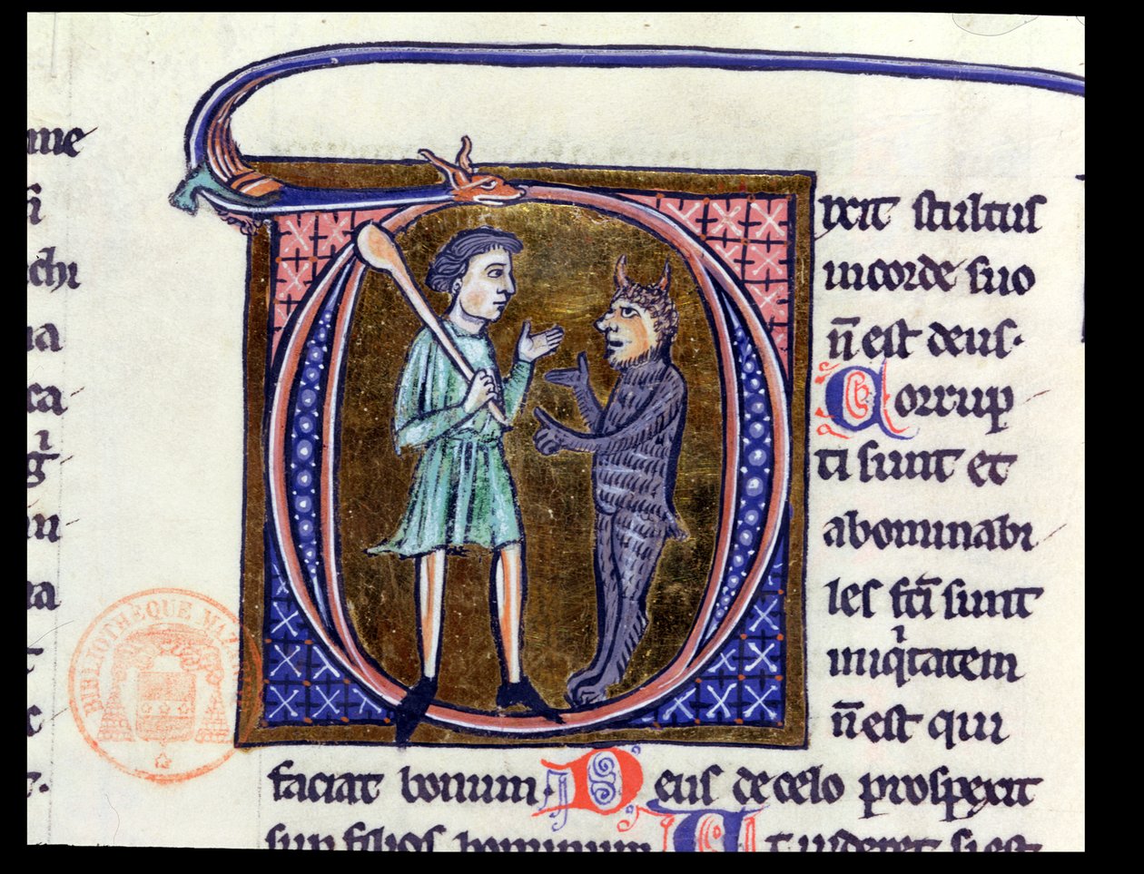 Historiierte Initiale D, die einen Mann mit dem Teufel darstellt, aus einer lateinischen Bibel von French School