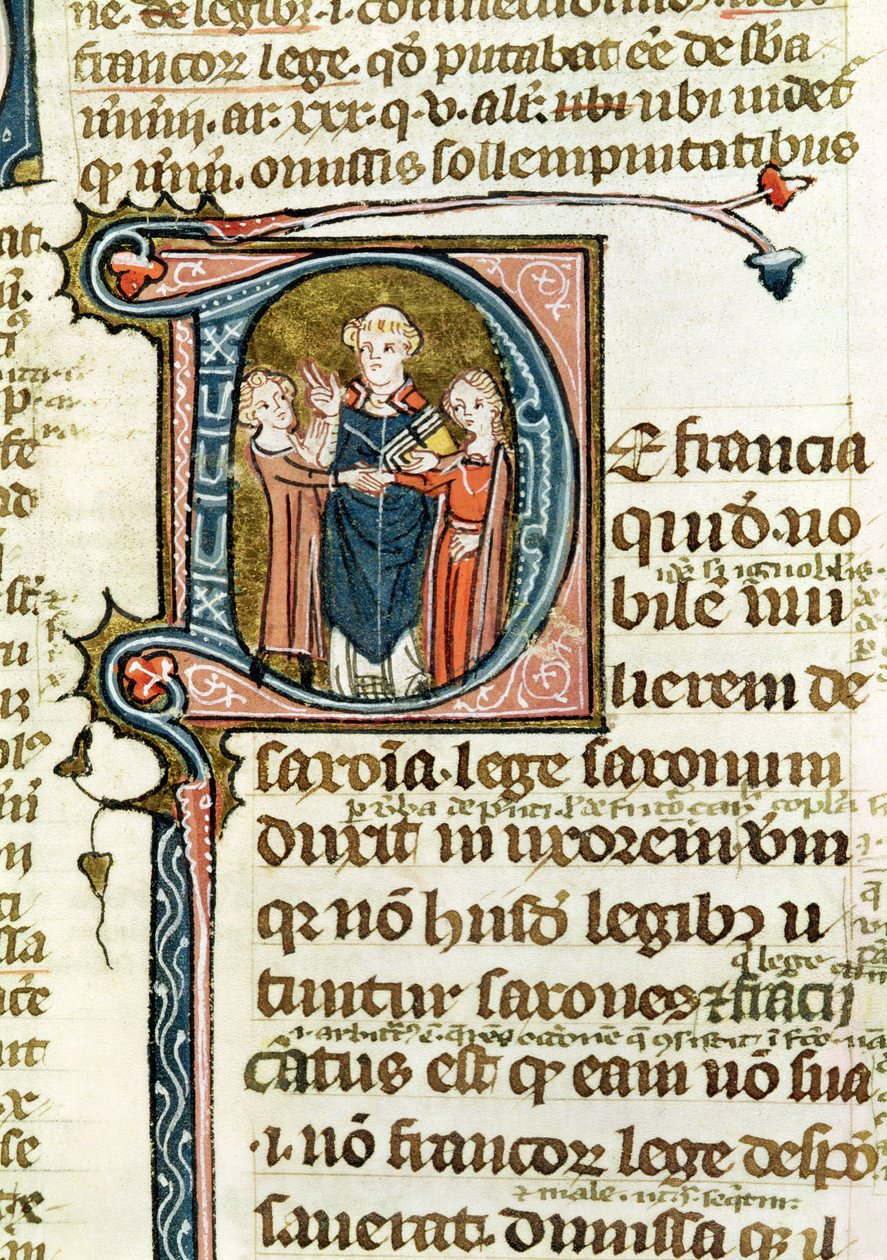 Historiierte Initiale D, die einen Priester zeigt, der eine Ehe segnet, aus 