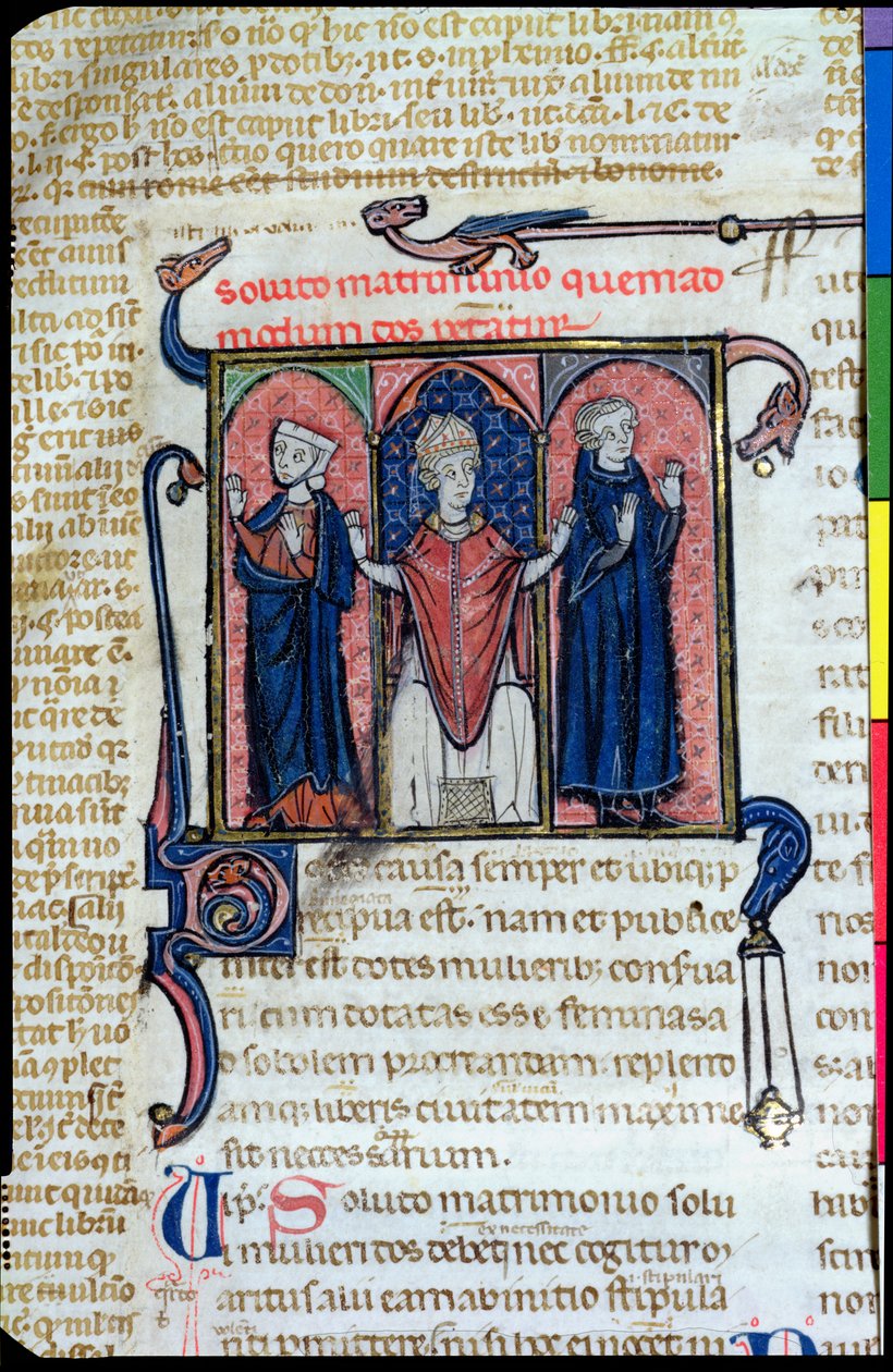Ms 394, Illustration aus Digeste, die die Auflösung einer Ehe durch einen Bischof darstellt von French School