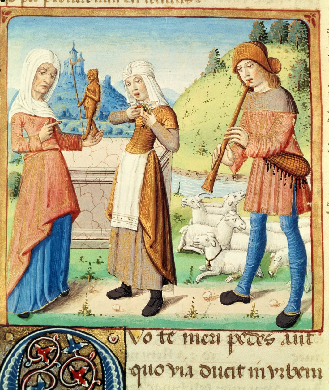 Ms 493 fol.15v Der Hirte Menalcas und seine unerwiderte Liebe, aus den Eklogen von Virgil mit einem Kommentar von Servius, 1469 von French School
