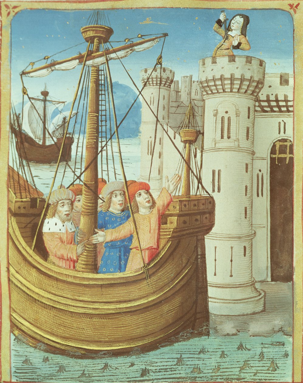 Die Abreise des Aeneas und der Tod von Dido, aus der Aeneis von Virgil mit einem Kommentar von Servius, 1469 von French School
