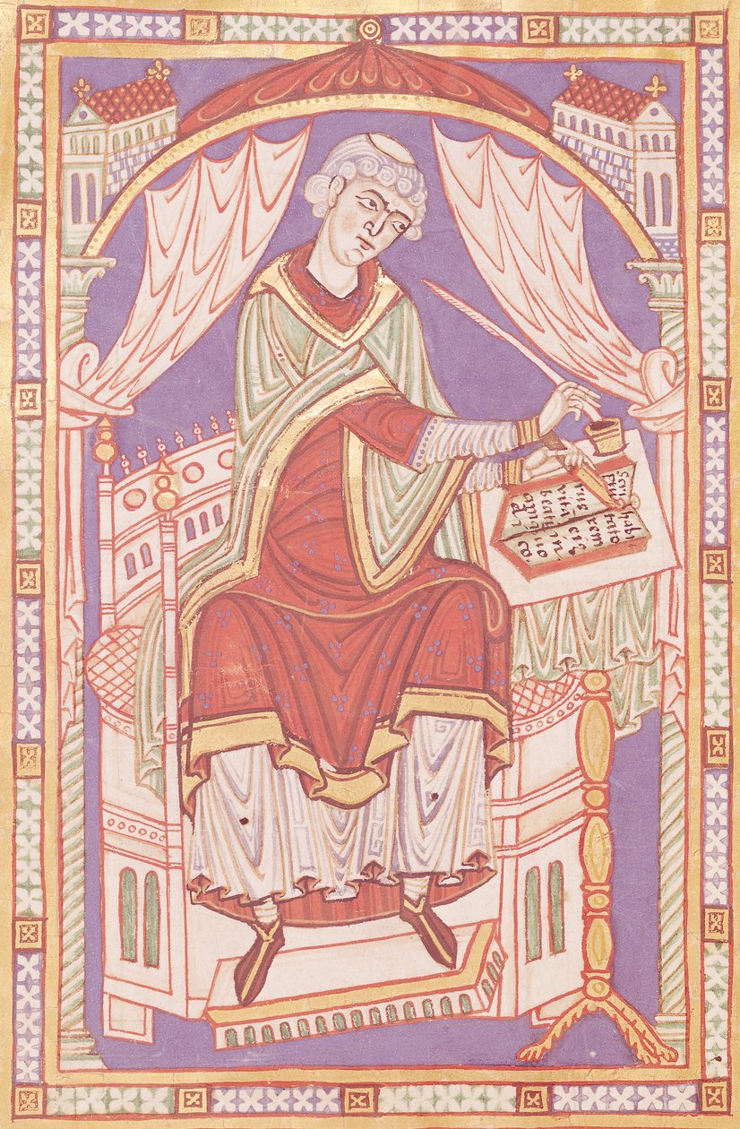 Ms 501 fol.5v Baudemond beim Schreiben, aus Vie et Miracles de Saint Amand von French School
