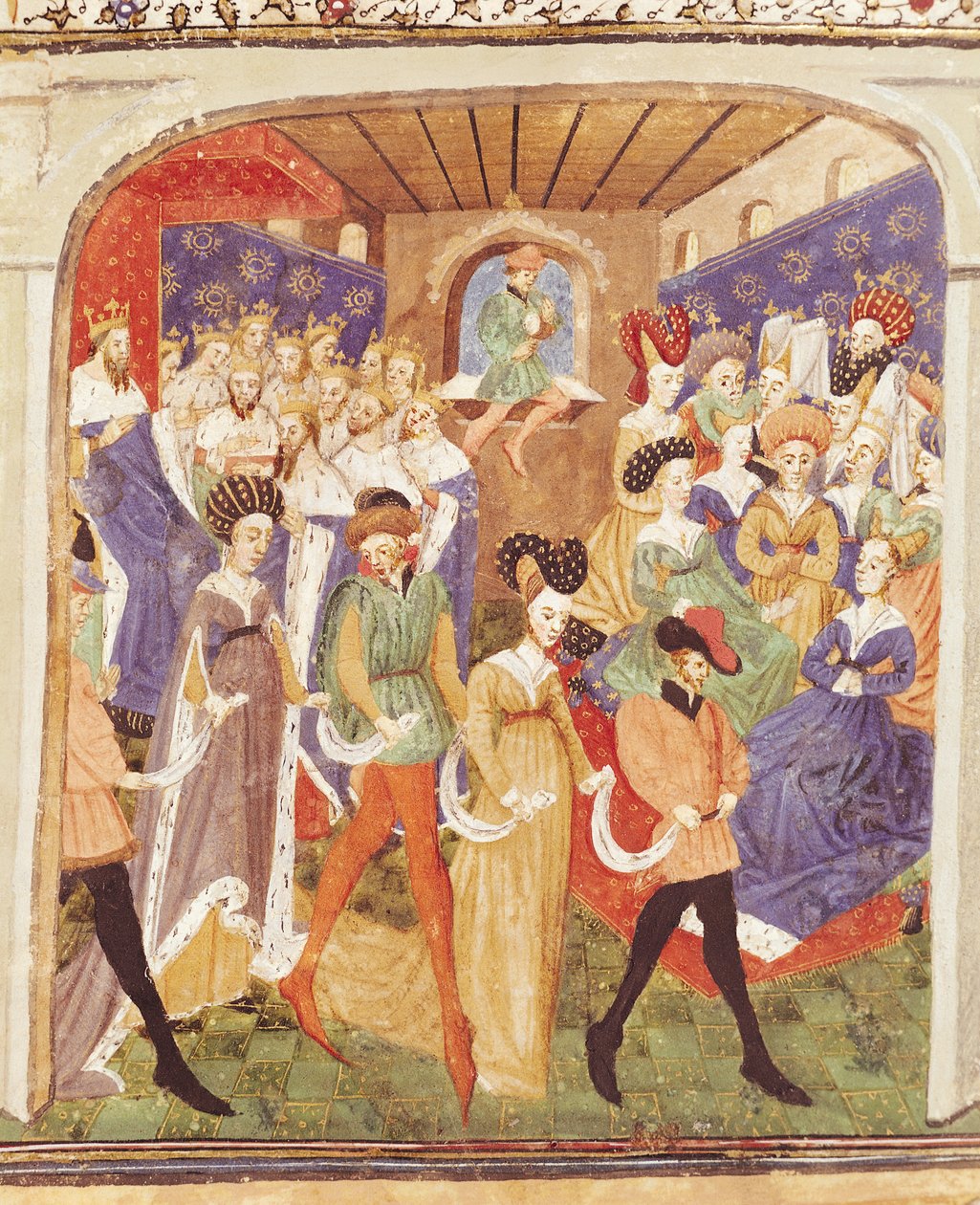 Ms 527 fol.1r Hofball, aus dem Roman du Saint Graal von French School