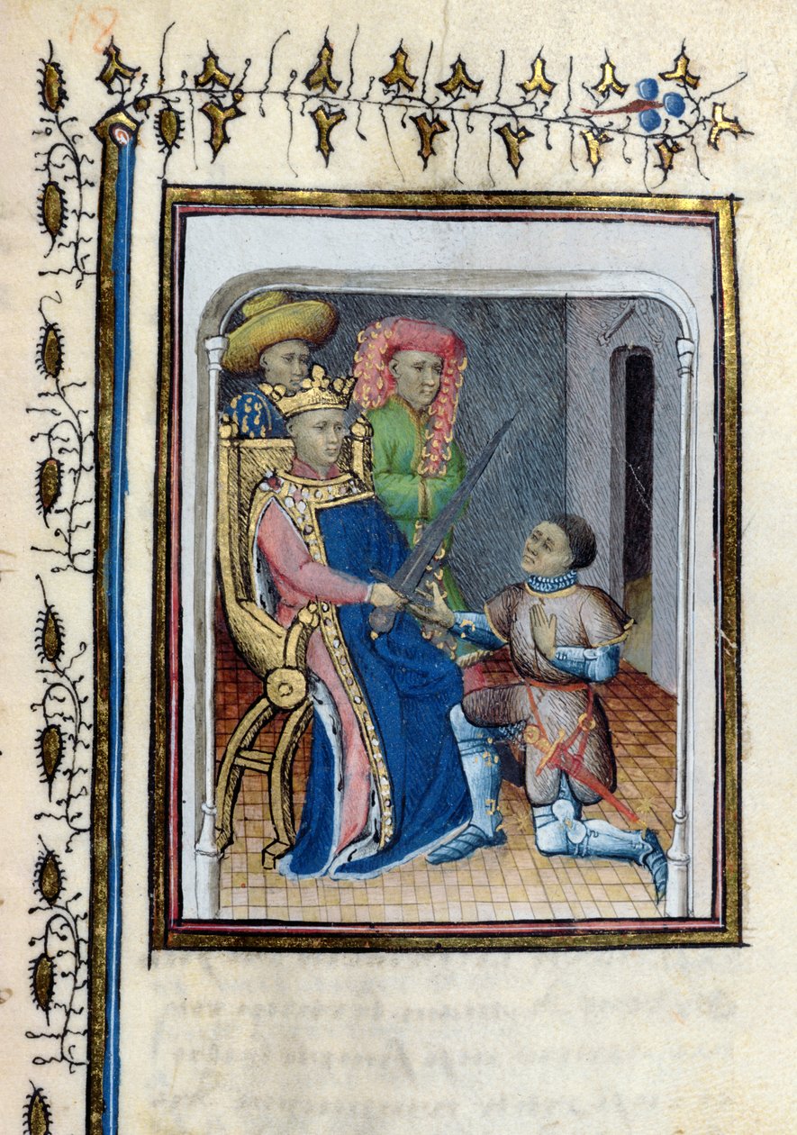 Karl V (1338-80) gibt Bertrand du Guesclin (ca. 1320-80) das Schwert des Obersten Konstablers zurück, aus der Histoire de Du Guesclin nach dem Gedicht von Cuvelier, frühes 15. Jahrhundert von French School