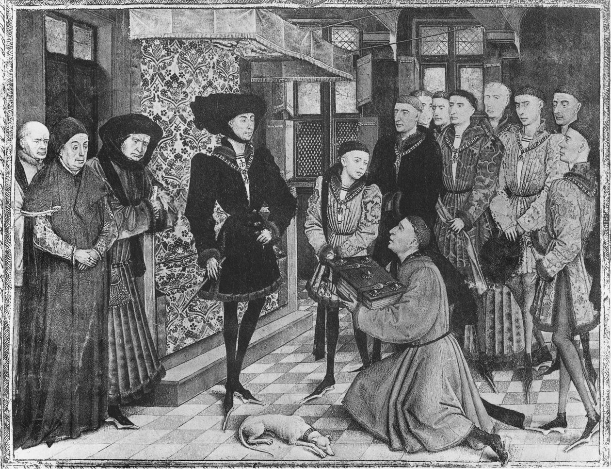 Ms 9242 Hainaut-Chroniken, Philipp der Gute, Herzog von Burgund, präsentiert mit der Übersetzung der Chroniken von Jean Vauquelin, Karl der Kühne als Kind zu seiner Linken von French School
