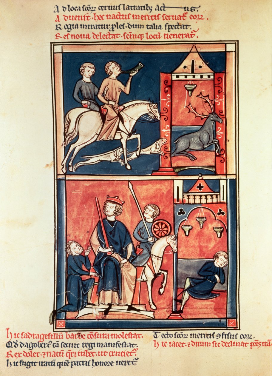 Ms Fr 1098 Eine Hirschjagd und ein König, möglicherweise Dagobert I (632-39) auf seinem Thron, aus dem Leben und den Wundern des St. Denis von French School