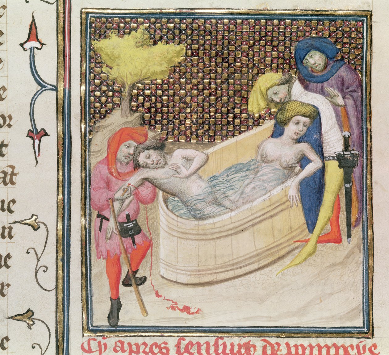 Paulina stirbt mit Seneca, aus De Claris Mulieribus, von Giovanni Boccaccio (1313-75) von French School