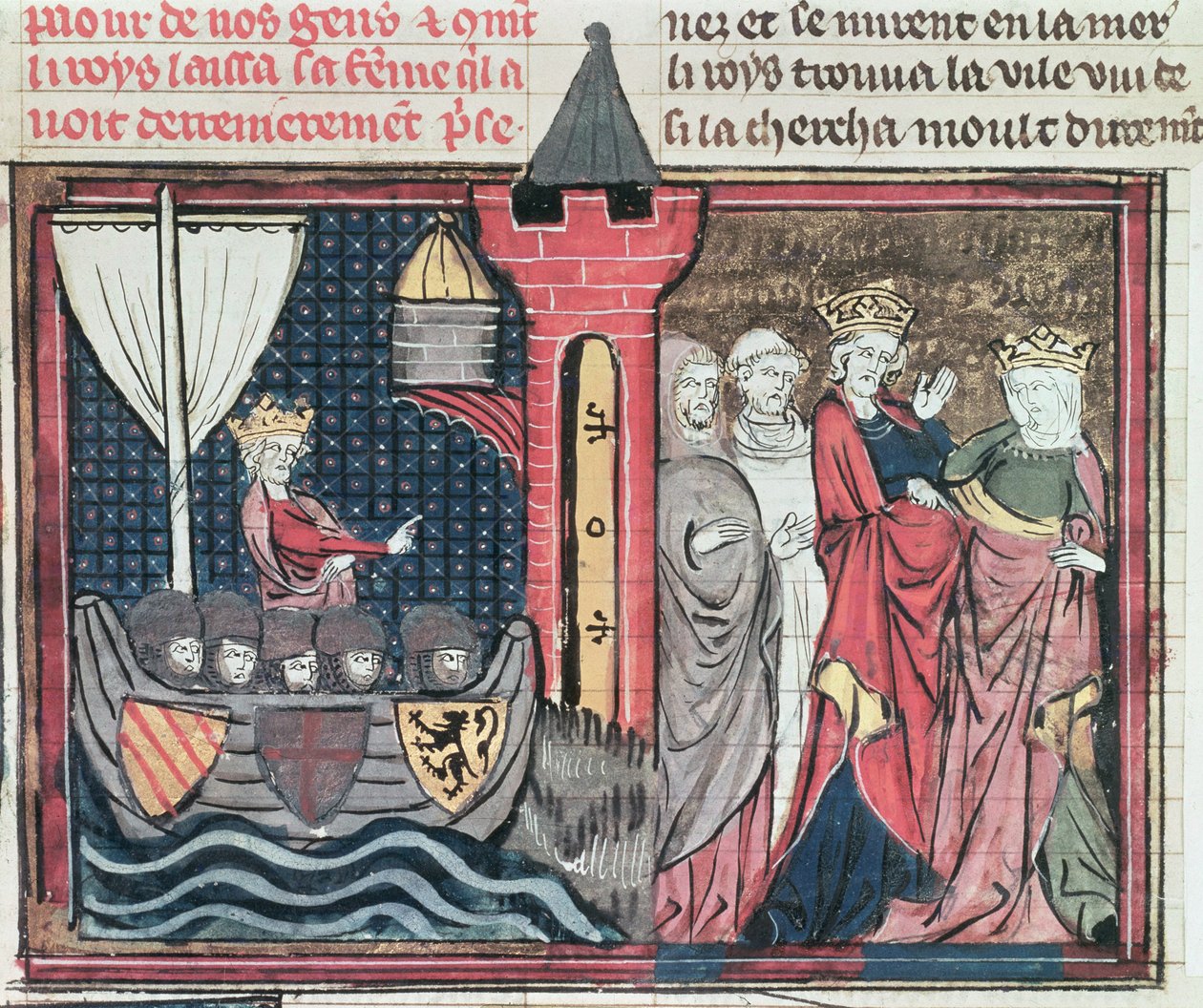 Baldwin I. überquert den Jordan und verzichtet auf seine Frau, aus Le Roman de Godefroi de Bouillon, 1337 von French School