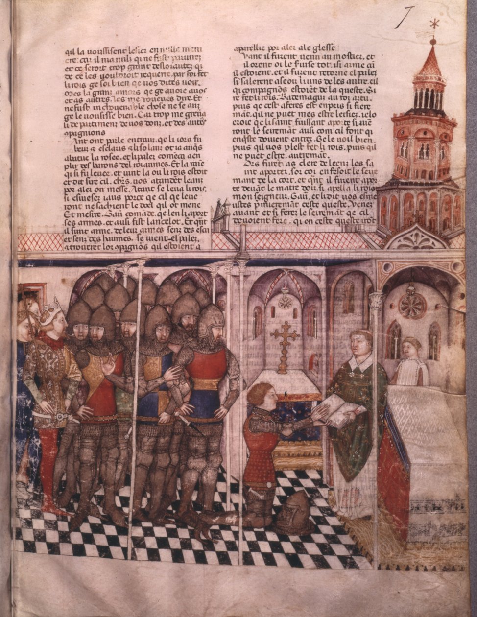 Ms Fr 343 fol. 7 Die Suche nach dem Heiligen Gral und Arthurs Tod, Ritter, der den Eid ablegt von French School