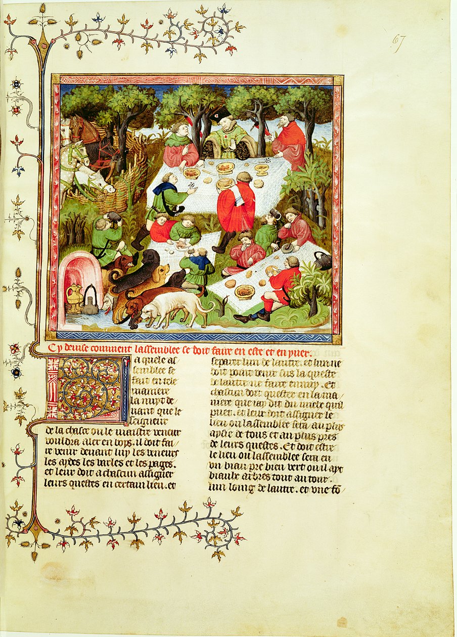 Jäger, die vor der Hirschjagd schmausen, aus Livre de la Chasse von Gaston Phebus de Foix (1331-1391) von French School
