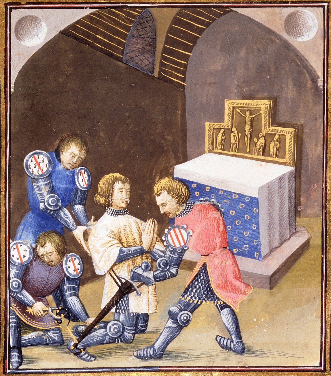 Ms. Fr 99 f.561 Galahad erhält ein Schwert und Sporen im Ritterschlag, bevor er zur Gralsqueste aufbricht von French School