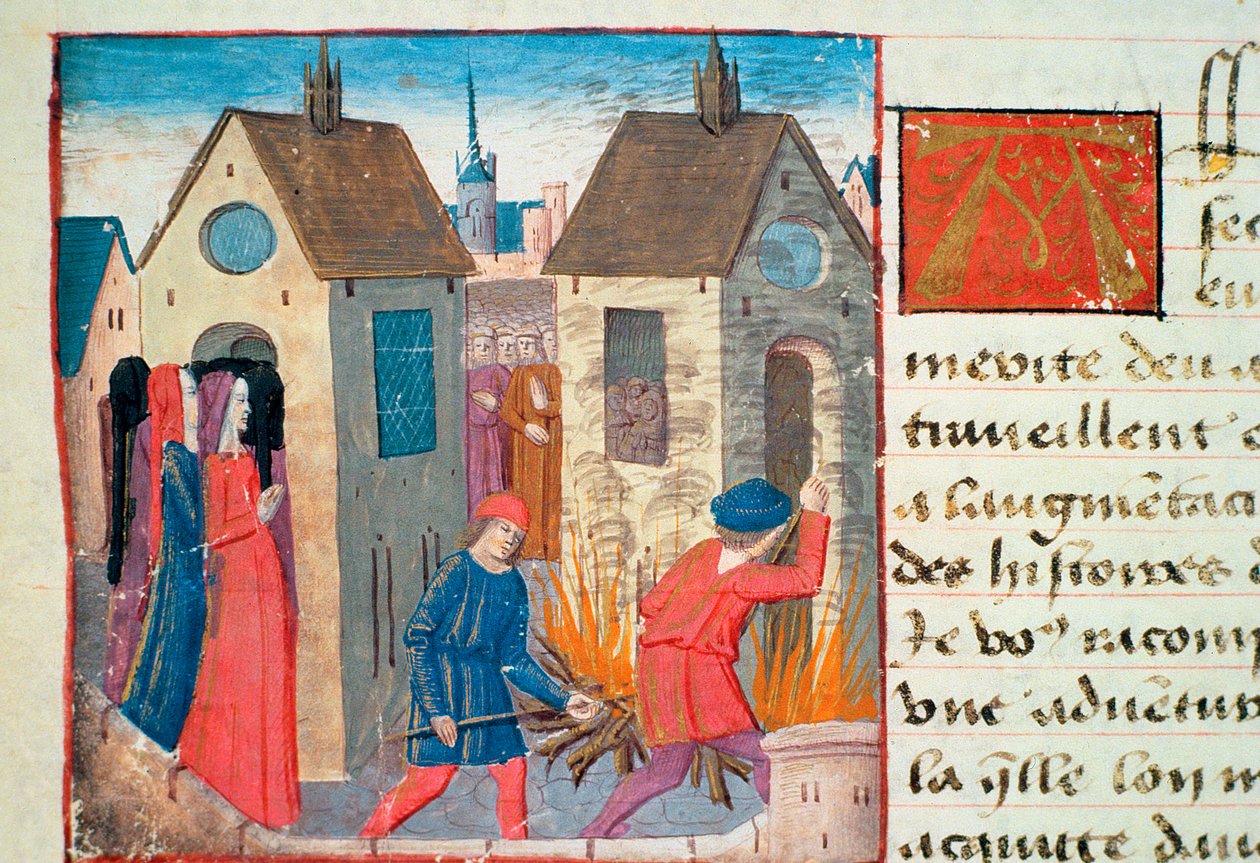 Ms Hunter 252 f.75v Ein Haus brennen, aus Les Cent Nouvelles Nouvelles, 1462 von French School