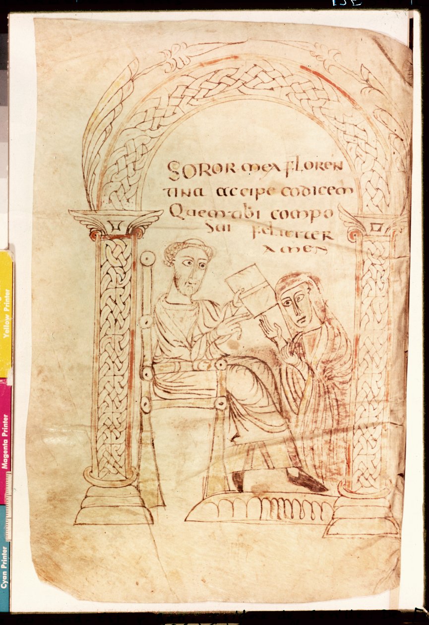 Isidor bietet sein Werk seiner Schwester Florentina an, aus De fide catholica ex Veteri et Novo Testamento contra Judaeos von Isidor von Sevilla (ca. 560-636) ca. 800 von French School