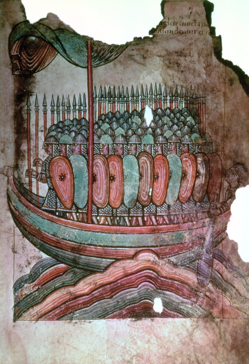 Ms Lat 1390 fol.7 Normannische Soldaten überqueren den Ärmelkanal, aus La Vie de Saint Aubin d