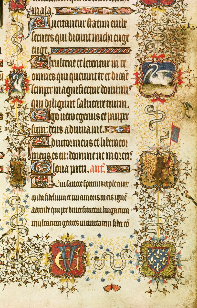 Ms Lat 919 fol.96 Detail der Wappen und Tierdekoration, von St. Peter führt Jean de France (1340-1416) Herzog von Berry ins Paradies, aus den Grandes Heures de Duc de Berry von French School