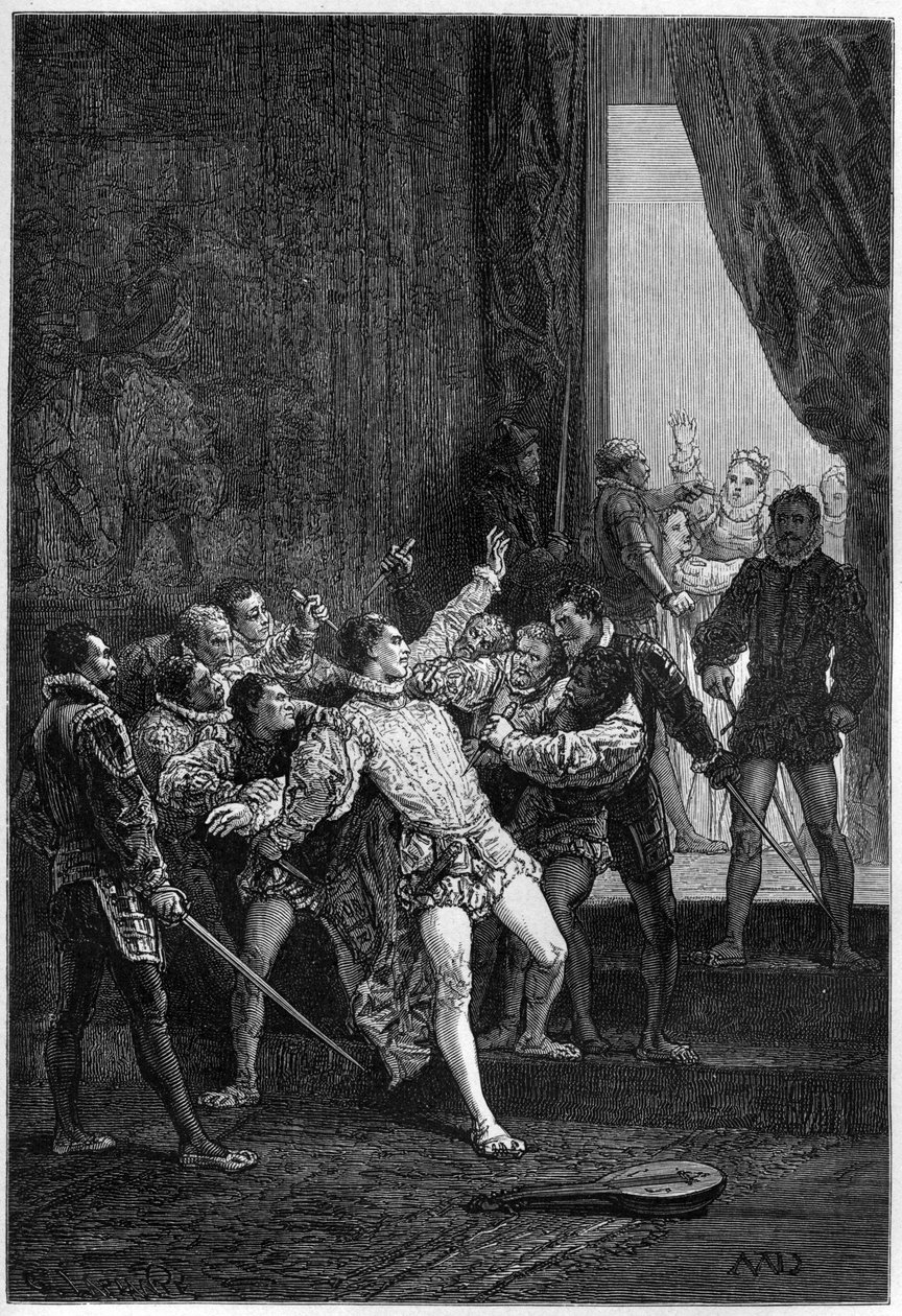Mord an David Rizzio in Anwesenheit von Maria Stuart (1542-1587) - Kupferstich in „L