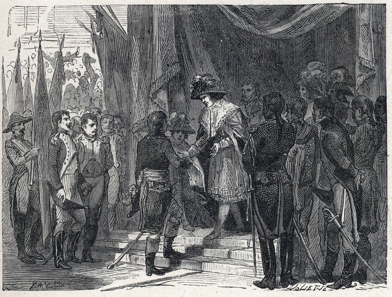 Napoleon Bonaparte (1769-1821) übergab das Abkommen von Campoformio an das Mitglied des Direktoriums am 10. Dezember 1797. Dieses Abkommen zwischen Frankreich und Österreich markiert das Ende der Ersten Koalition. von French School