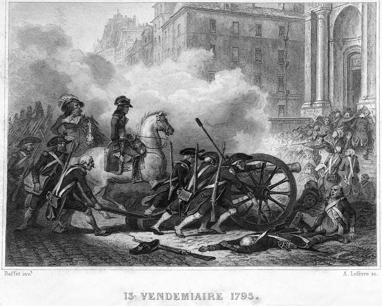 Napoleon zerschlägt die royalistische Rebellion - Napoleon Bonaparte (zu Pferd) kommandiert revolutionäre Truppen im Straßenkampf am 13. Vendémiaire (5. Oktober) - 13. Vendémiaire 1795 (royalistische Aufstand vom 5. Oktober 1795): Bonaparte stellte die Ord von French School