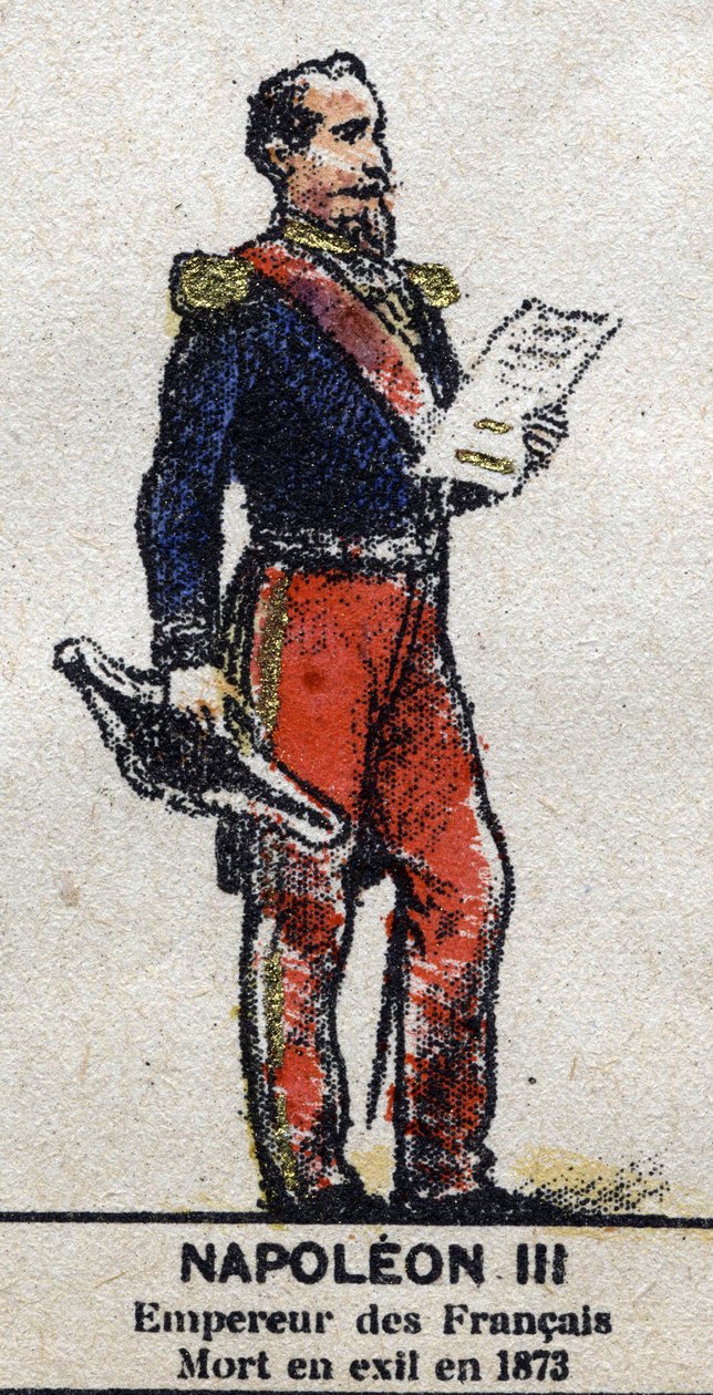 Napoleon III (1808-1873), Kaiser der Franzosen. In „Galerie der Könige und Königinnen von Frankreich und berühmter Persönlichkeiten von 1643 bis 1895“ Epinal-Bild. von French School