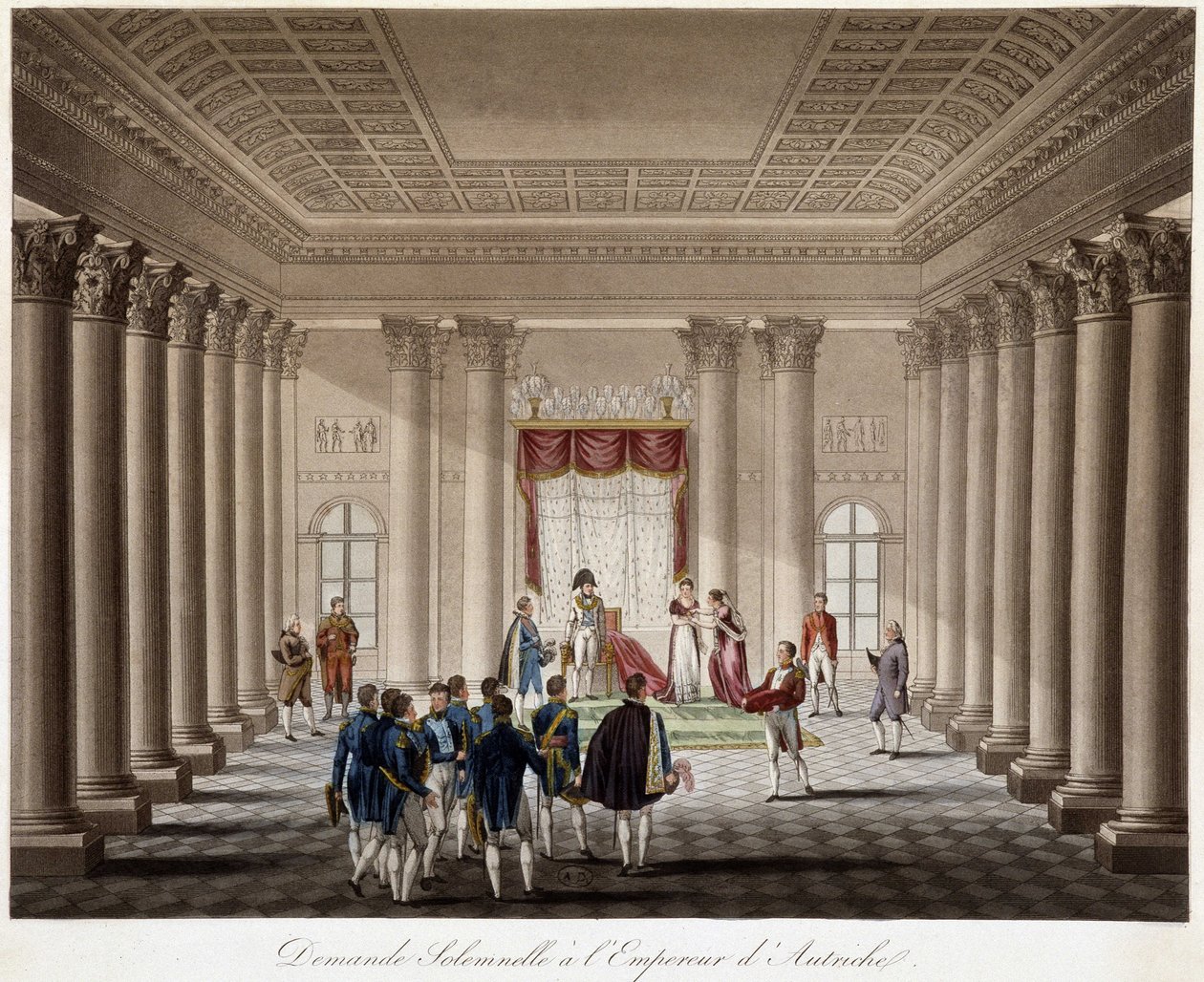 Napoleon bittet Marie Louise um die Hand beim Kaiser von Österreich - in „Historische Geschichte des Krieges zwischen Frankreich und Österreich im Jahr 1809“ von French School