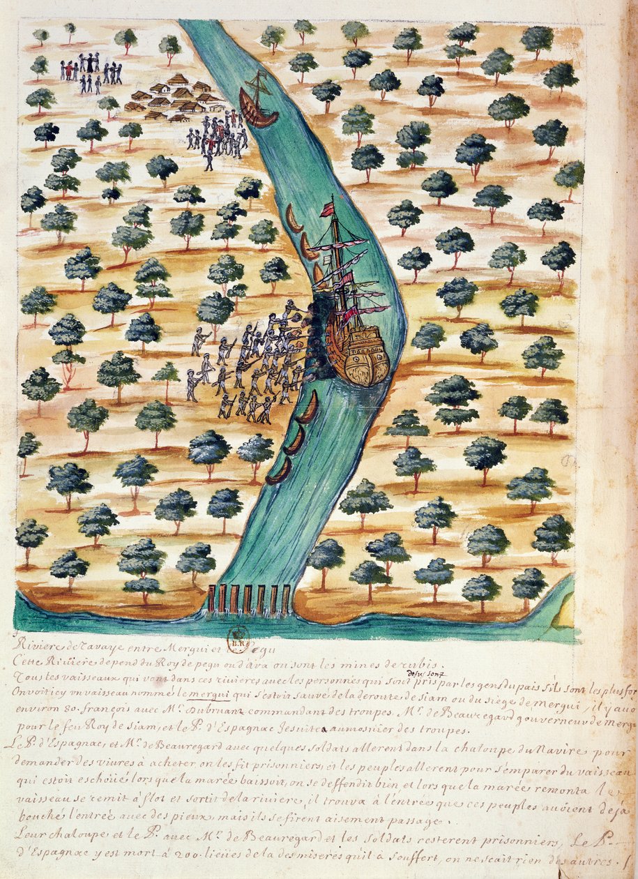 Einheimische greifen französische Schiffe auf dem Fluss Tavoy an, aus einem Bericht der Jesuiten in Siam, 1688 von French School