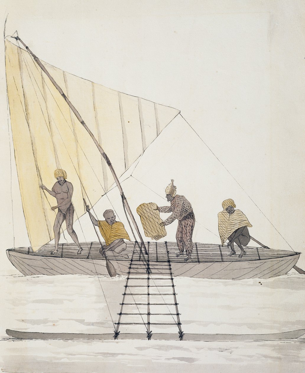 Eingeborene von Iles Basses und balanciertes Segelkanu, Aquarell von Jules-Louis Lejeune, aus Duperreys Reise von French School