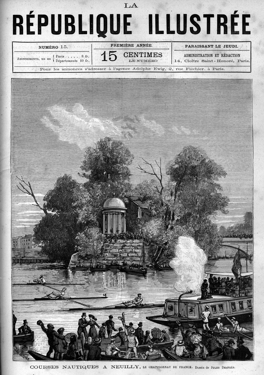 Nautische Rennen: Französische Rudermeisterschaft auf der Seine gegenüber der Île de la Grande Jatte in Neuilly. Gravur von 1880 in „La république illustrée“ private Sammlung. von French School