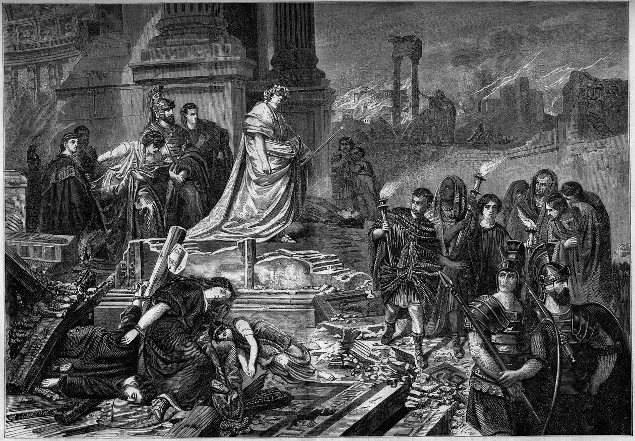 Nero nach dem Brand in Rom im Jahr 64. Gravur nach dem Gemälde von Karl Theodor von Piloty (1826-1886). In „Le Monde Illustré“ Nr. 283 vom 13. September 1862 von French School