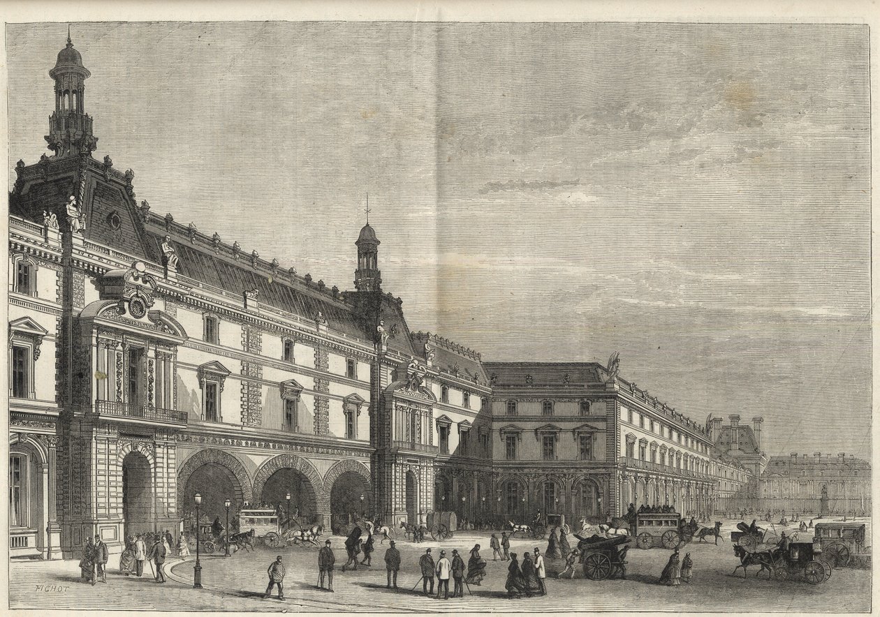 Neue Gebäude der Tuilerien am Place du Carrousel - Le nouveau Louvre - Fassade zur Place du Carrousel und Salle des États - Gravur von 1869 von French School